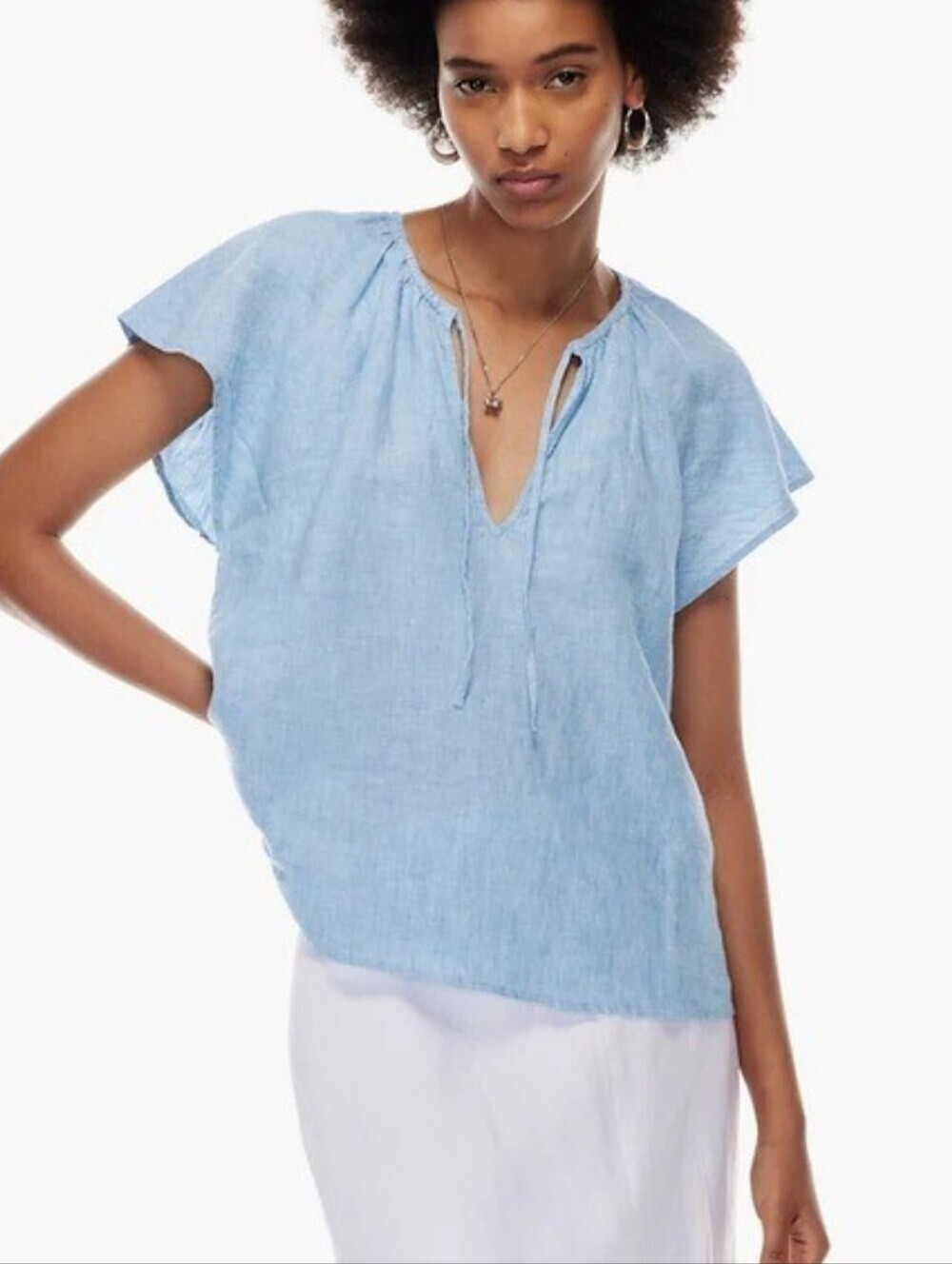 Aritzia Wilfred Fairest Light Blue Organic Linen Short Sleeve Peasant Blouse Top